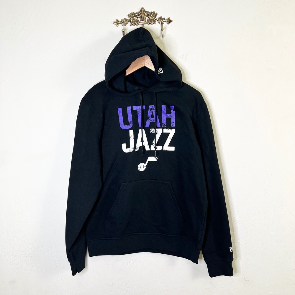 Utah Jazz Hoodie New Era Pullover Mens Size M Black Distressed Logo Fleece New